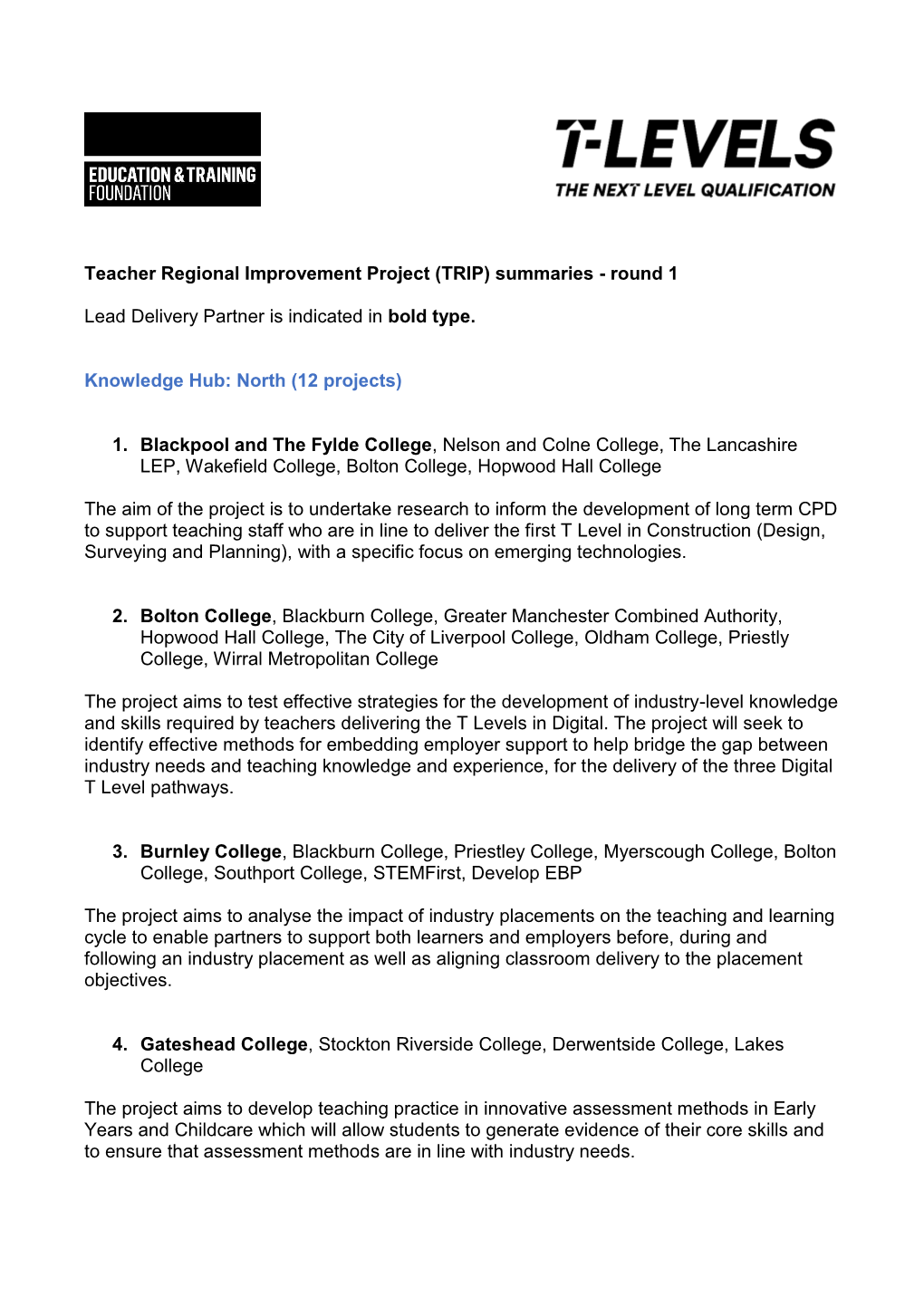 Teacher Regional Improvement Project (TRIP) Summaries - Round 1