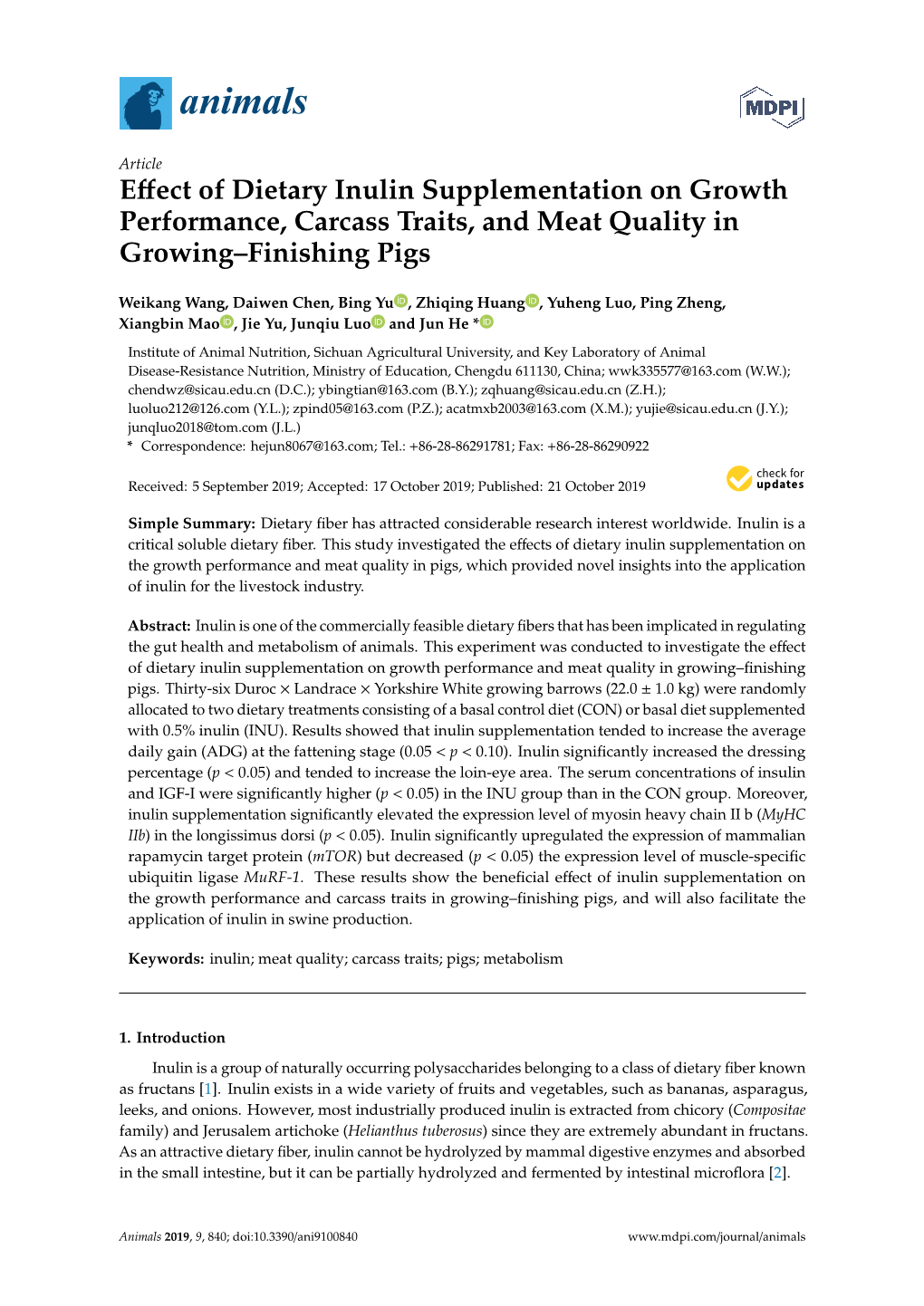 Effect of Dietary Inulin Supplementation on Growth