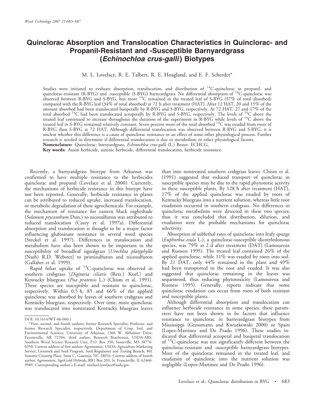 Quinclorac Absorption and Translocation Characteristics in Quinclorac- and Propanil-Resistant and -Susceptible Barnyardgrass (Echinochloa Crus-Galli ) Biotypes