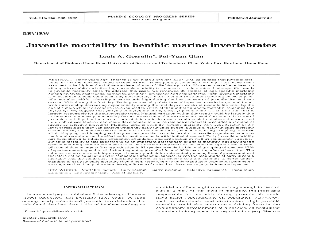 Juvenile Mortality in Benthic Marine Invertebrates