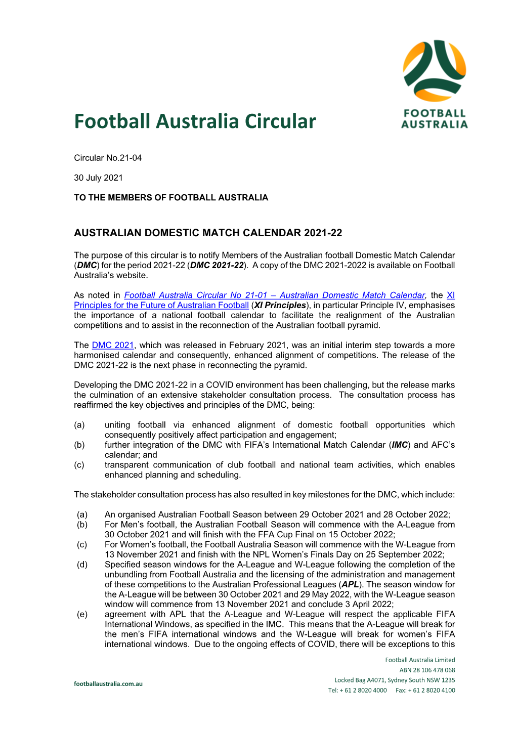 Australian Domestic Match Calendar 2021-22