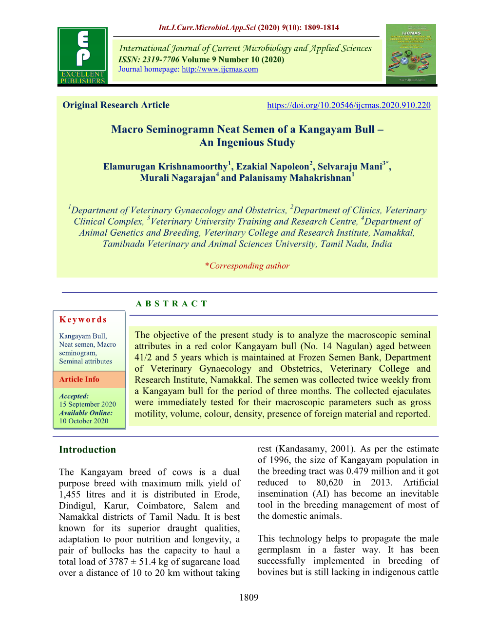 Macro Seminogramn Neat Semen of a Kangayam Bull – an Ingenious Study