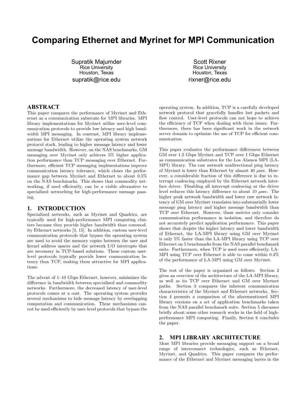 Comparing Ethernet and Myrinet for MPI Communication