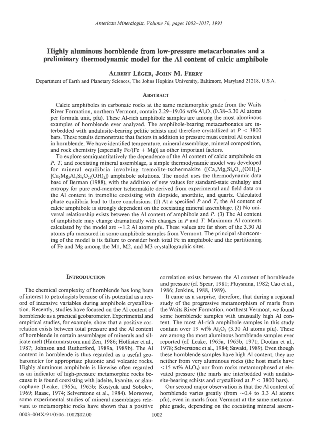 Highly Aluminous Hornblende from Low-Pressure Metacarbonates And