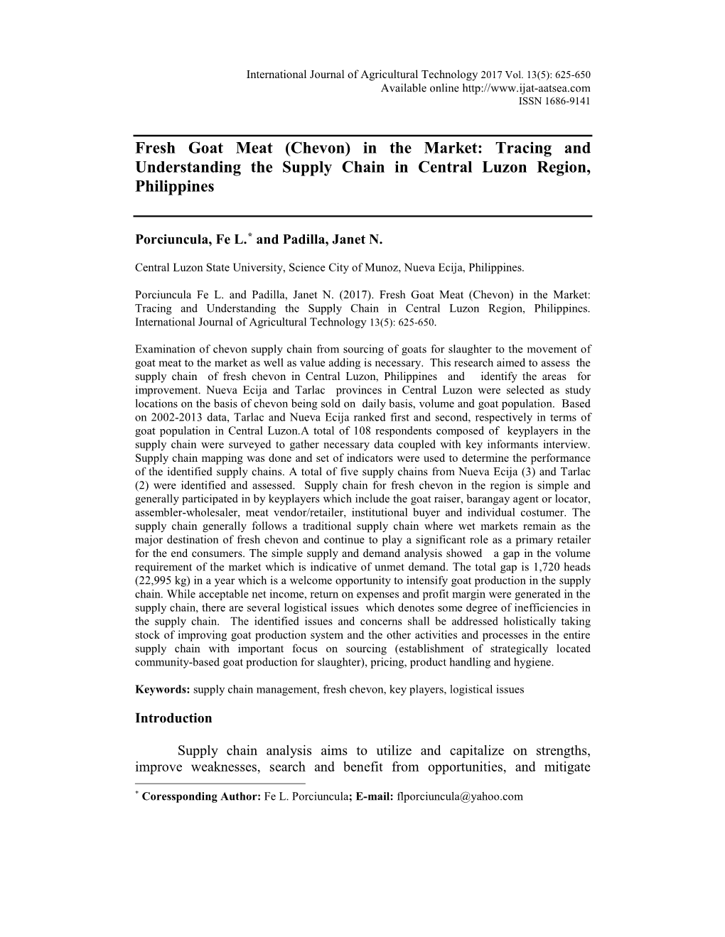 Fresh Goat Meat (Chevon) in the Market: Tracing and Understanding the Supply Chain in Central Luzon Region, Philippines