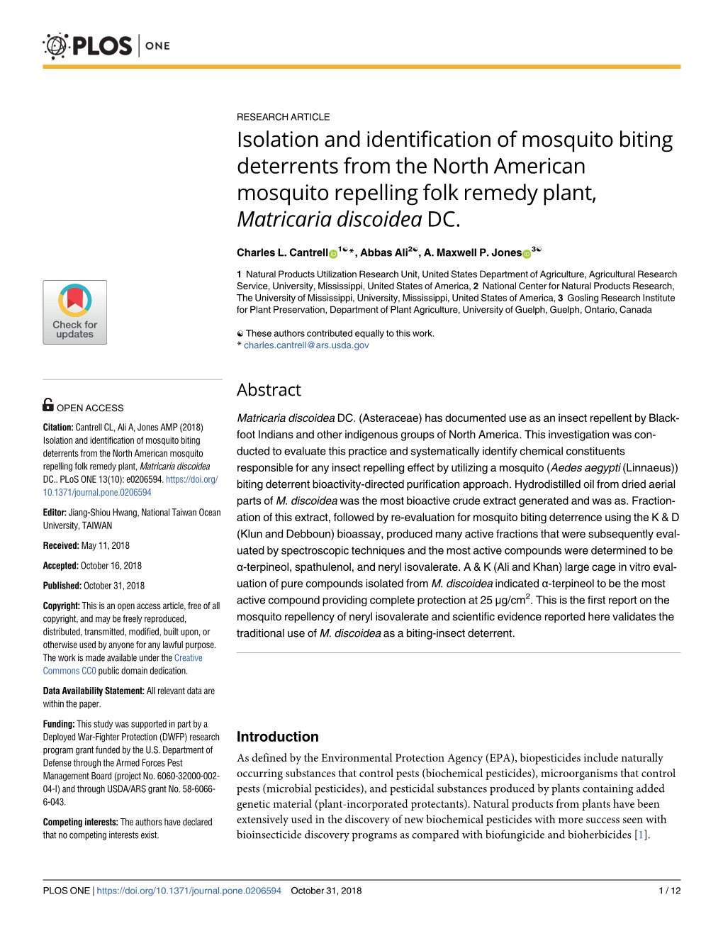 Isolation and Identification of Mosquito Biting Deterrents from the North American Mosquito Repelling Folk Remedy Plant, Matricaria Discoidea DC