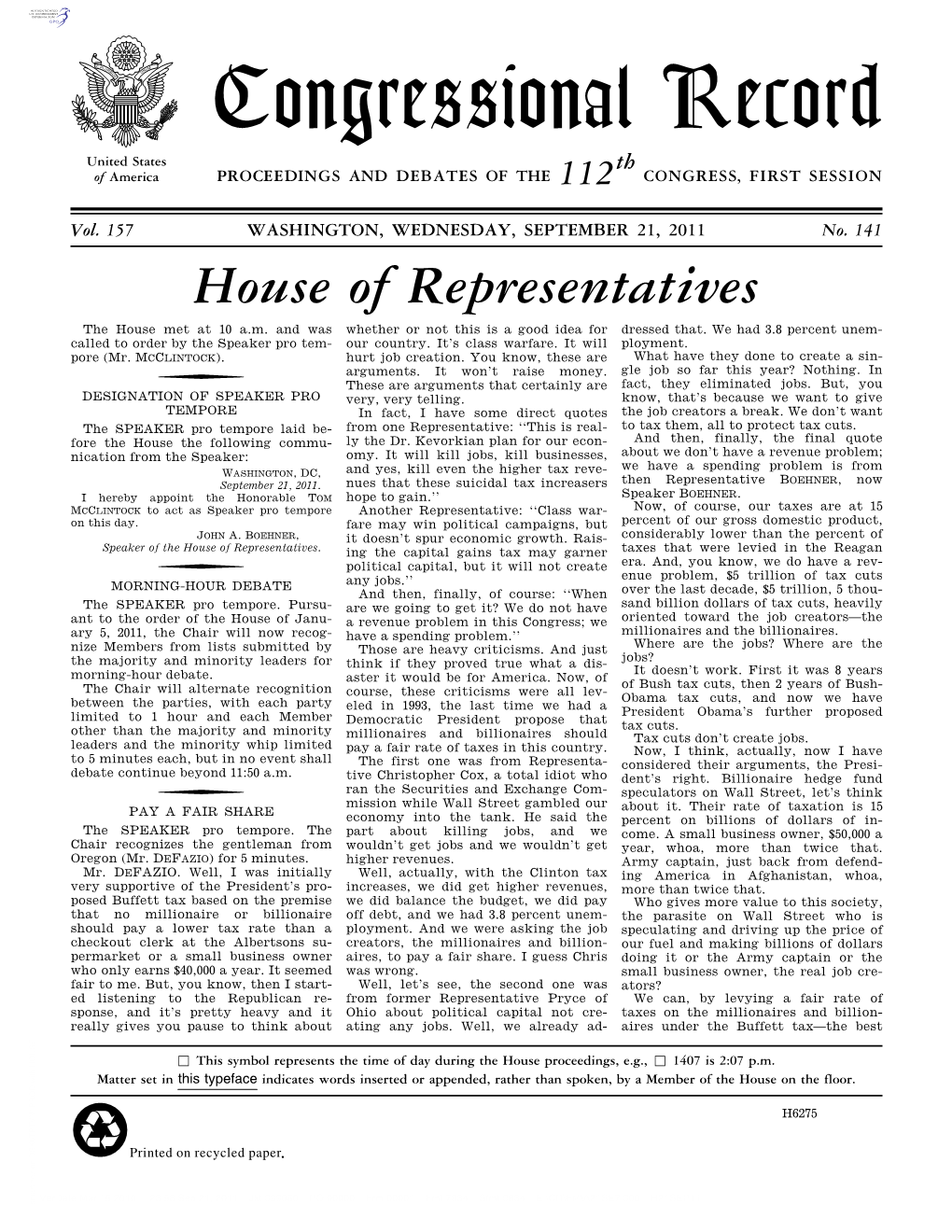 Congressional Record United States Th of America PROCEEDINGS and DEBATES of the 112 CONGRESS, FIRST SESSION