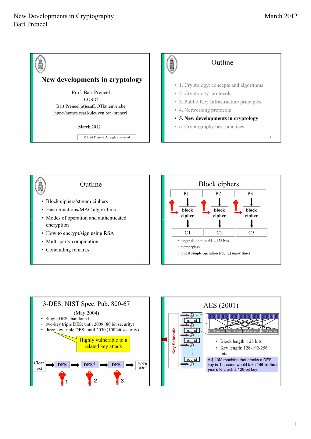 New Developments in Cryptology Outline Outline Block Ciphers AES