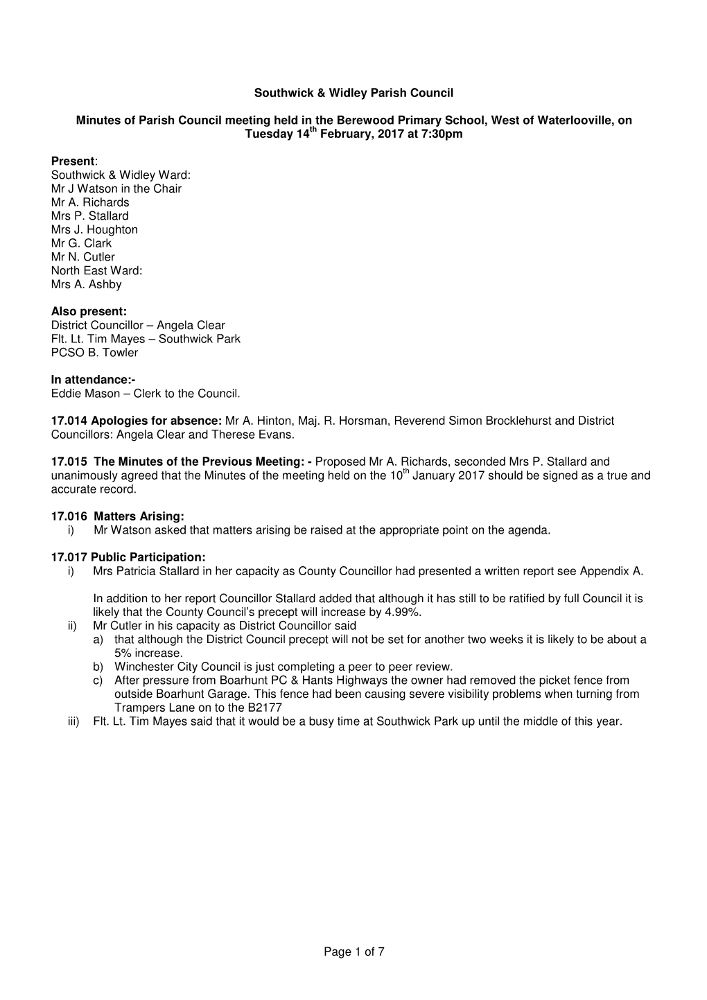 Page 1 of 7 Southwick & Widley Parish Council Minutes of Parish