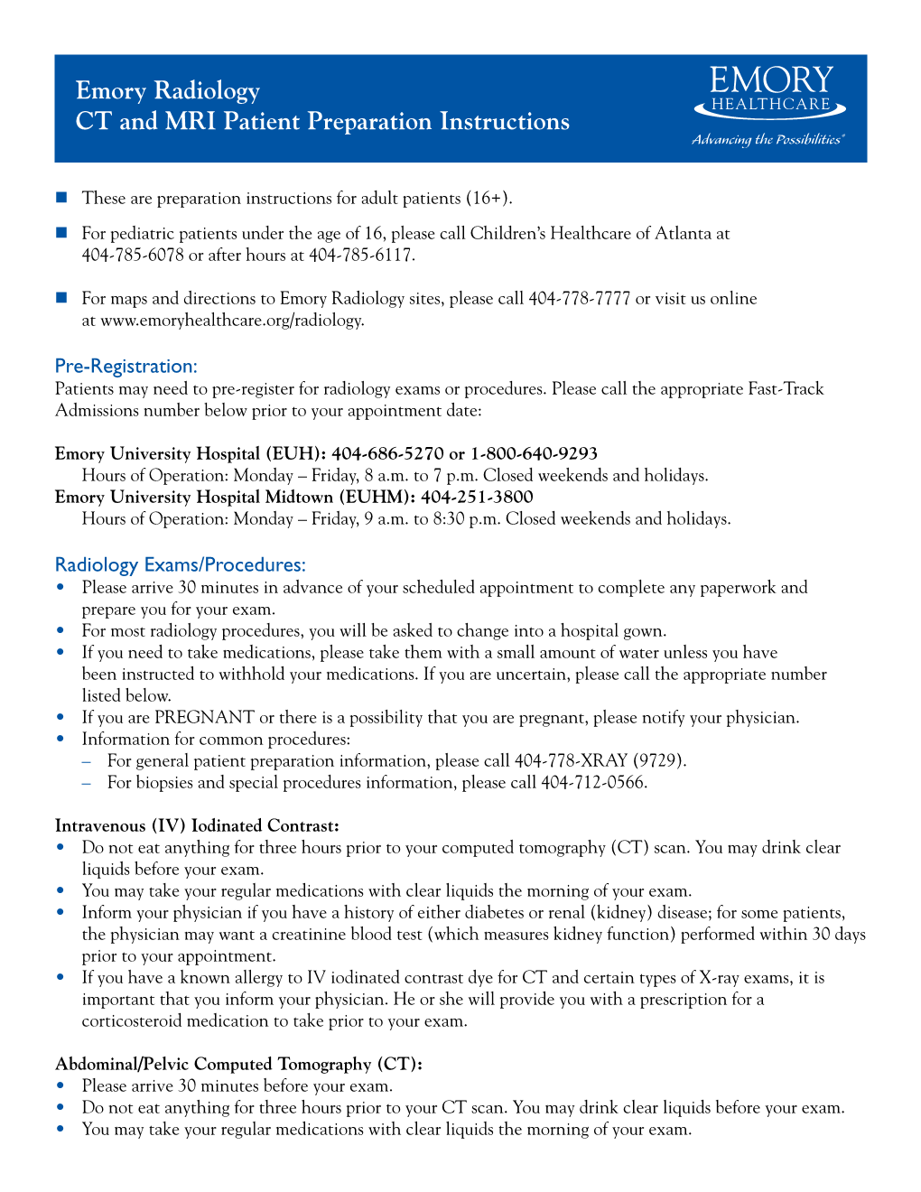 Emory Radiology CT and MRI Patient Preparation Instructions