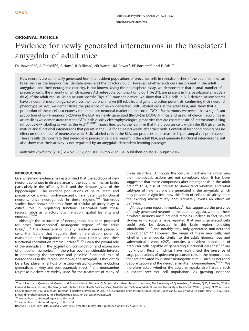 Evidence for Newly Generated Interneurons in the Basolateral Amygdala of Adult Mice