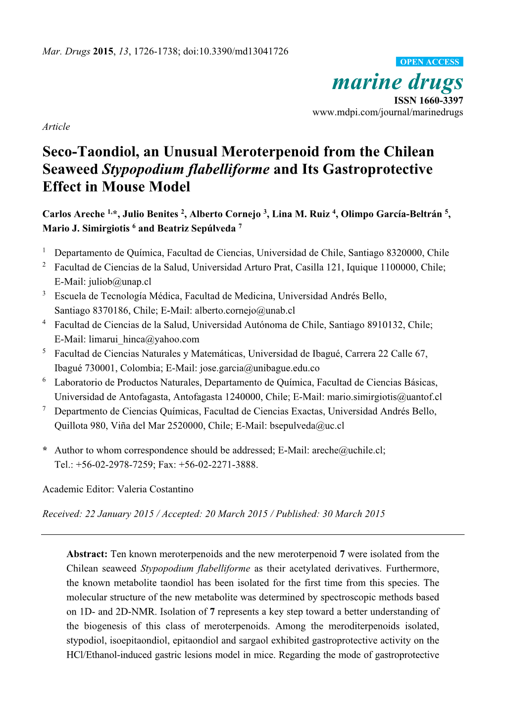 Seco-Taondiol, an Unusual Meroterpenoid from the Chilean Seaweed Stypopodium Flabelliforme and Its Gastroprotective Effect in Mouse Model