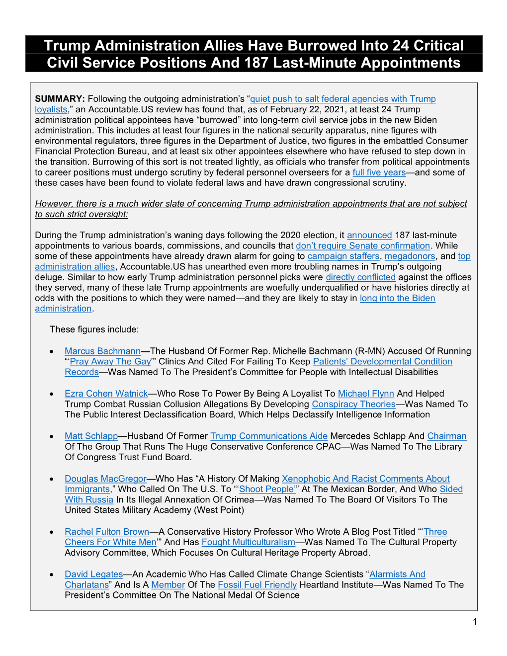 Trump Administration Allies Have Burrowed Into 24 Critical Civil Service Positions and 187 Last-Minute Appointments