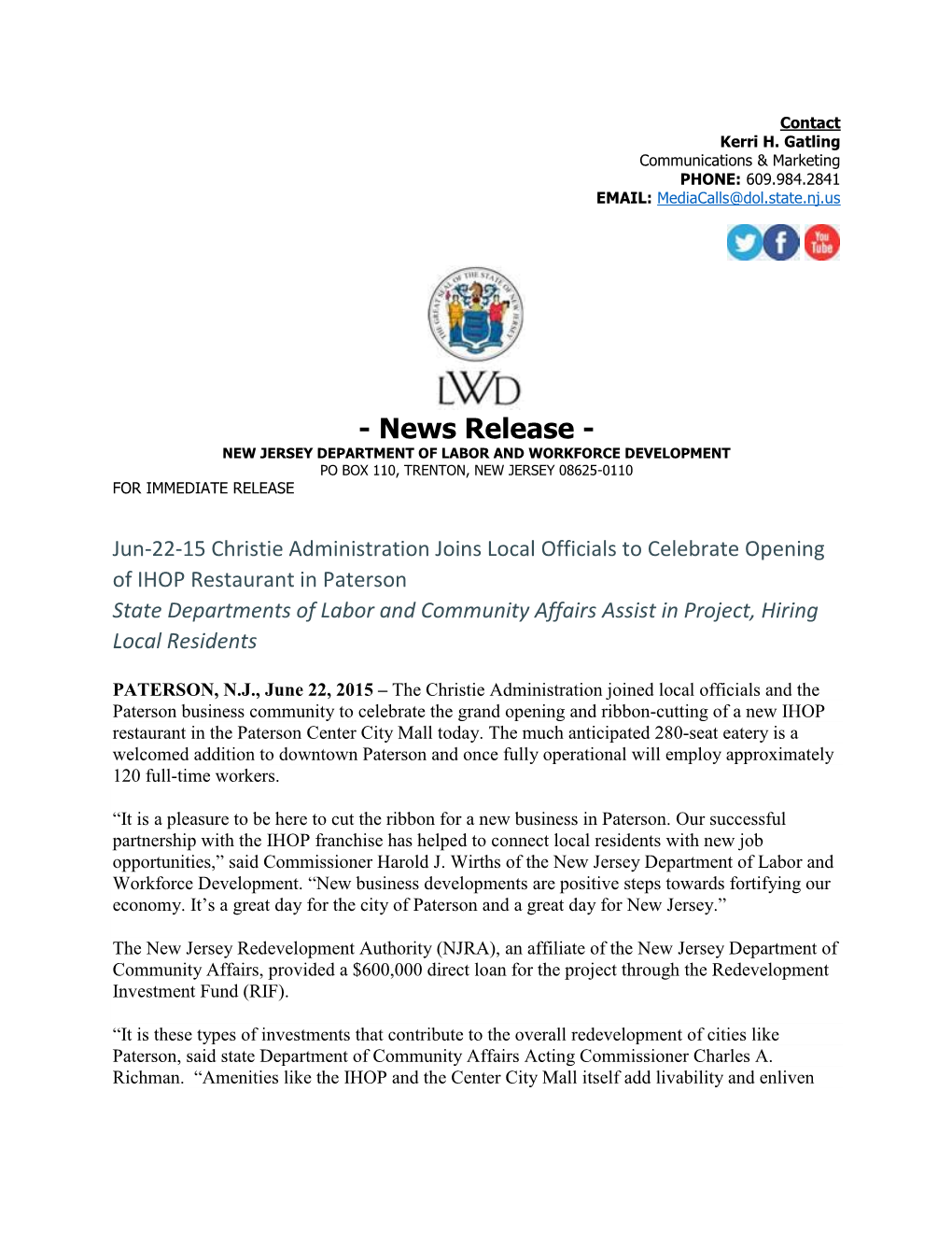 News Release - NEW JERSEY DEPARTMENT of LABOR and WORKFORCE DEVELOPMENT PO BOX 110, TRENTON, NEW JERSEY 08625-0110 for IMMEDIATE RELEASE