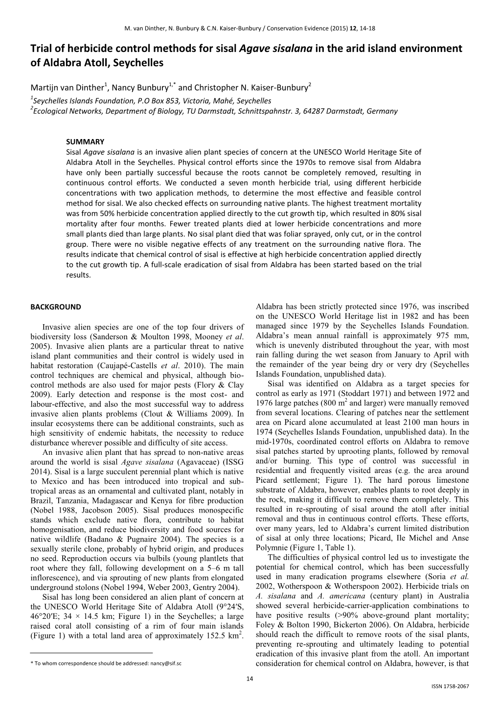 Trial of Herbicide Control Methods for Sisal Agave Sisalana in the Arid Island Environment of Aldabra Atoll, Seychelles