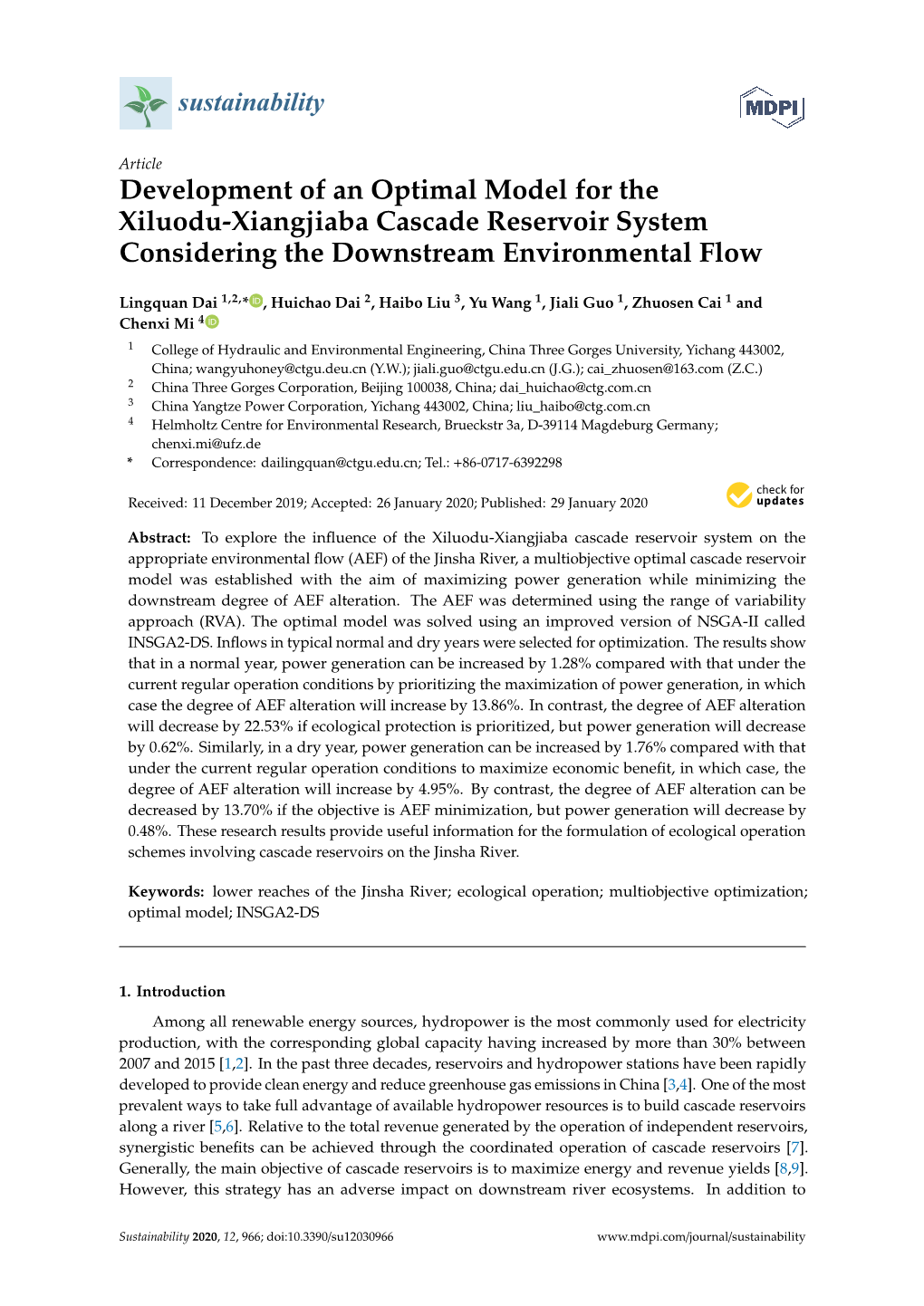 Development of an Optimal Model for the Xiluodu-Xiangjiaba Cascade Reservoir System Considering the Downstream Environmental Flow