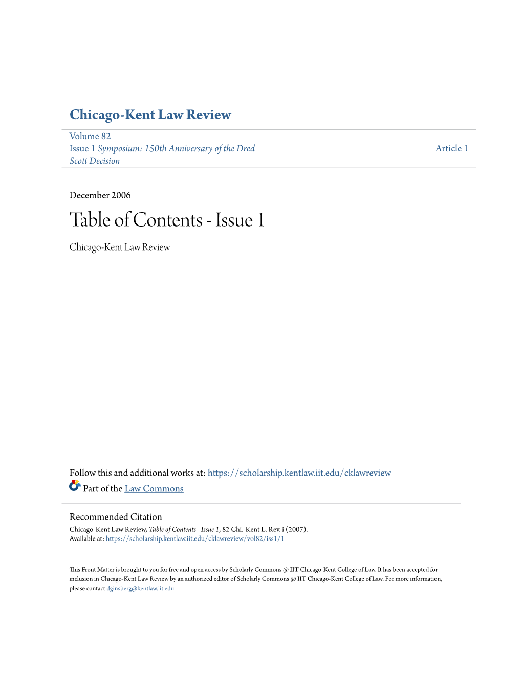 Table of Contents - Issue 1 Chicago-Kent Law Review