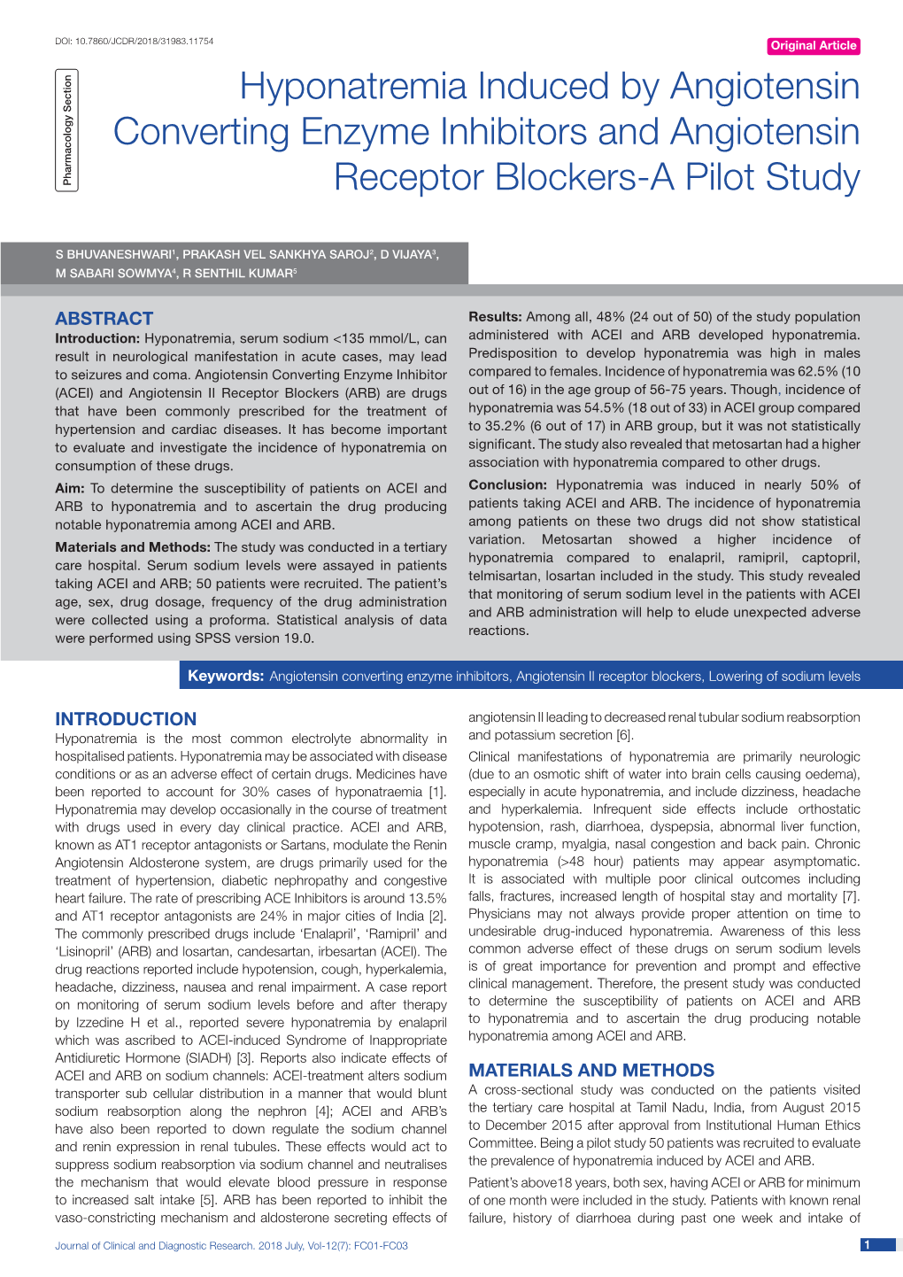 Hyponatremia Induced by Angiotensin Converting Enzyme Inhibitors and Angiotensin