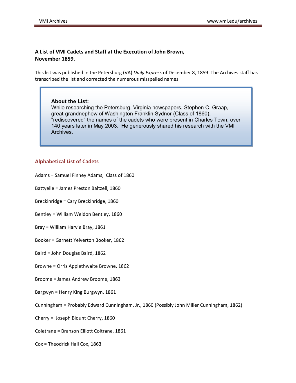List of Cadet Guard at Execution of John Brown