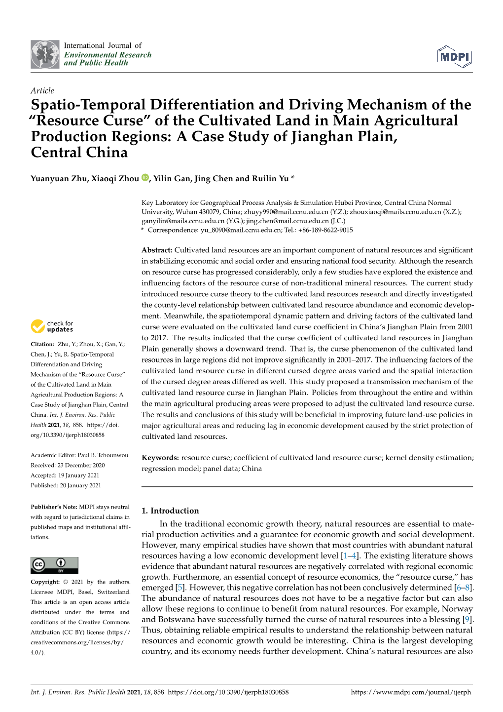 Resource Curse” of the Cultivated Land in Main Agricultural Production Regions: a Case Study of Jianghan Plain, Central China