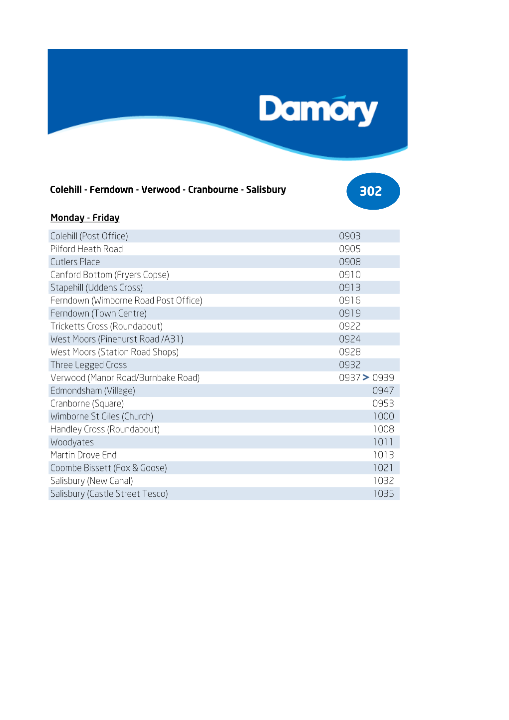 Colehill - Ferndown - Verwood - Cranbourne - Salisbury 302