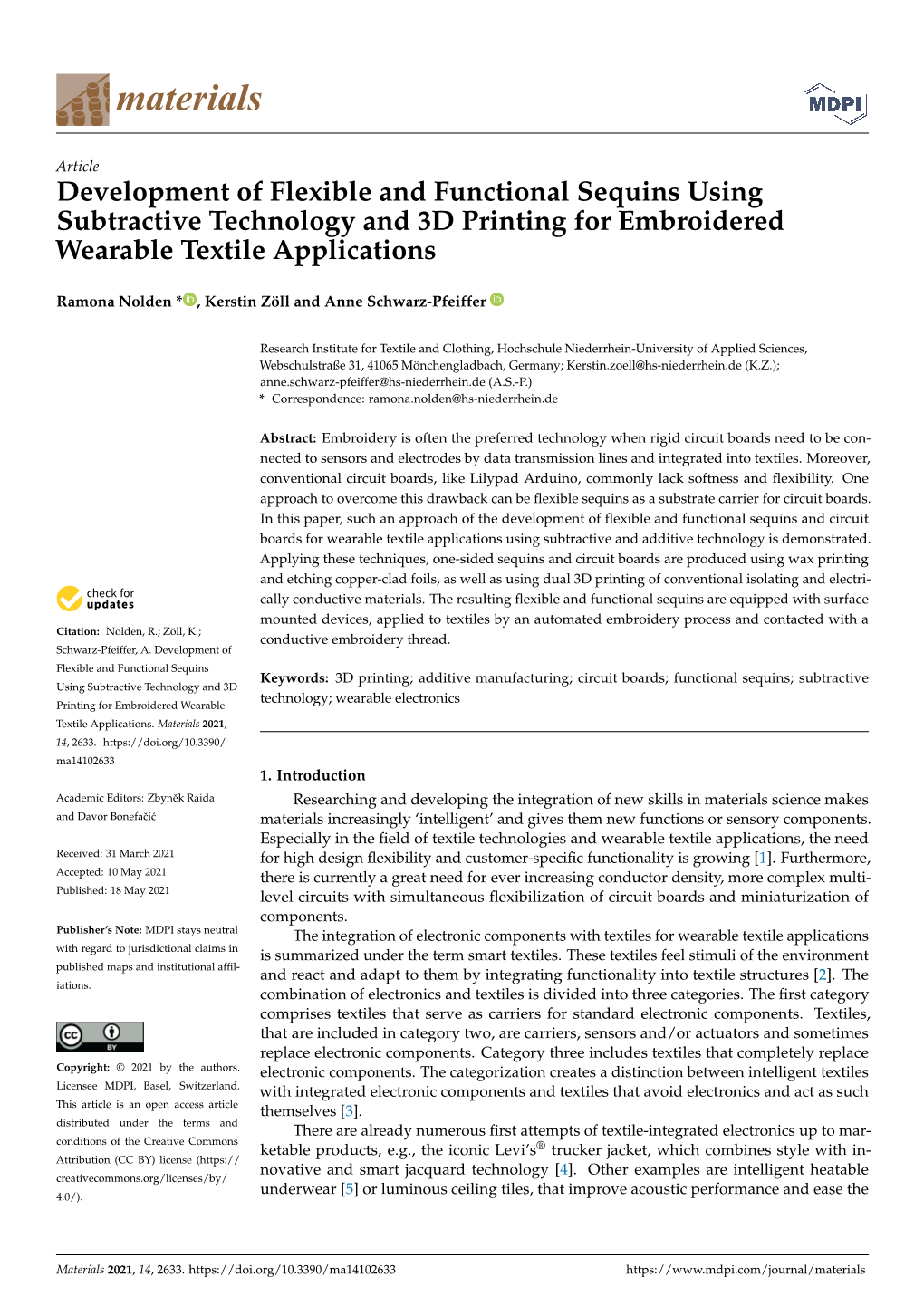 Development of Flexible and Functional Sequins Using Subtractive Technology and 3D Printing for Embroidered Wearable Textile Applications