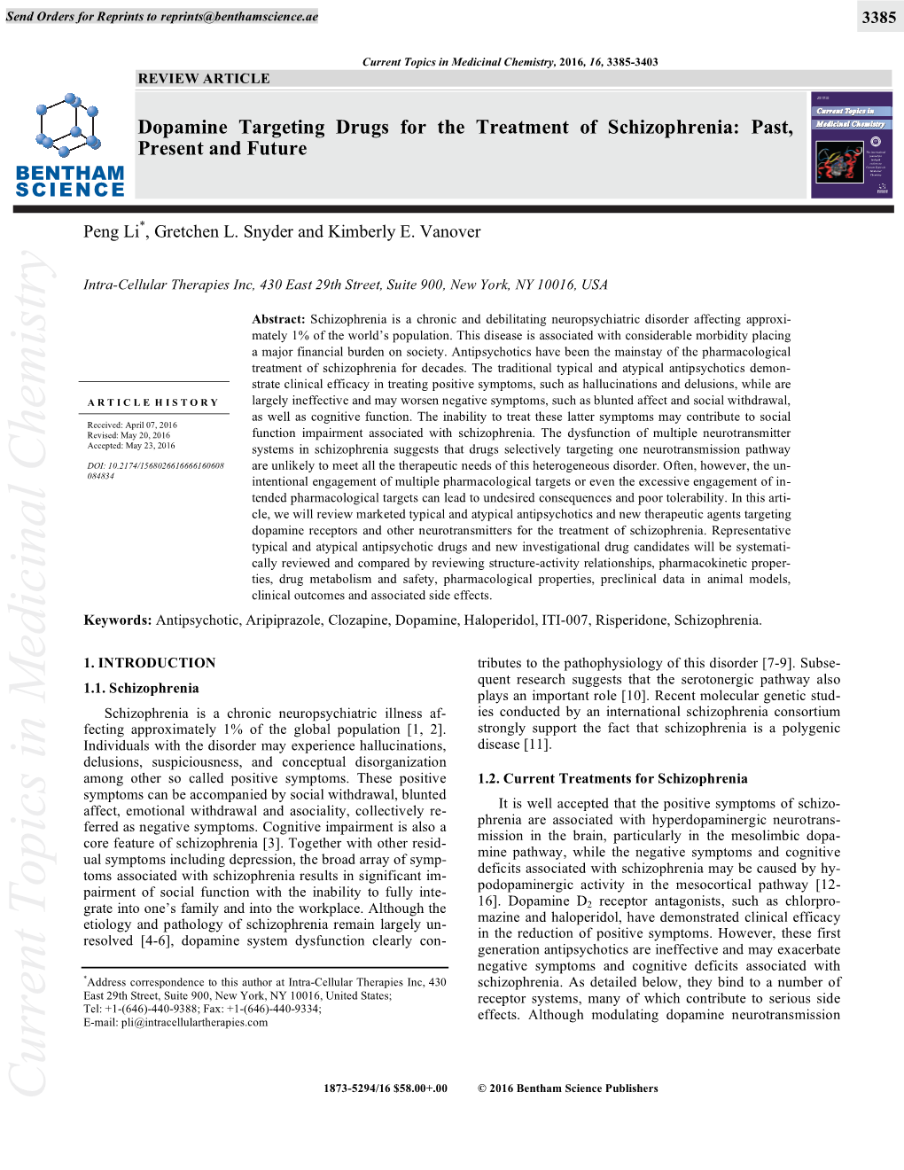 Current Topics in Medicinal Chemistry, 2016, 16, 3385-3403 REVIEW ARTICLE