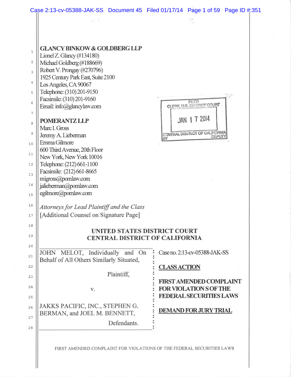 John Melot, Et Al. V. JAKKS Pacific Inc., Et Al. 13-CV-05388-First