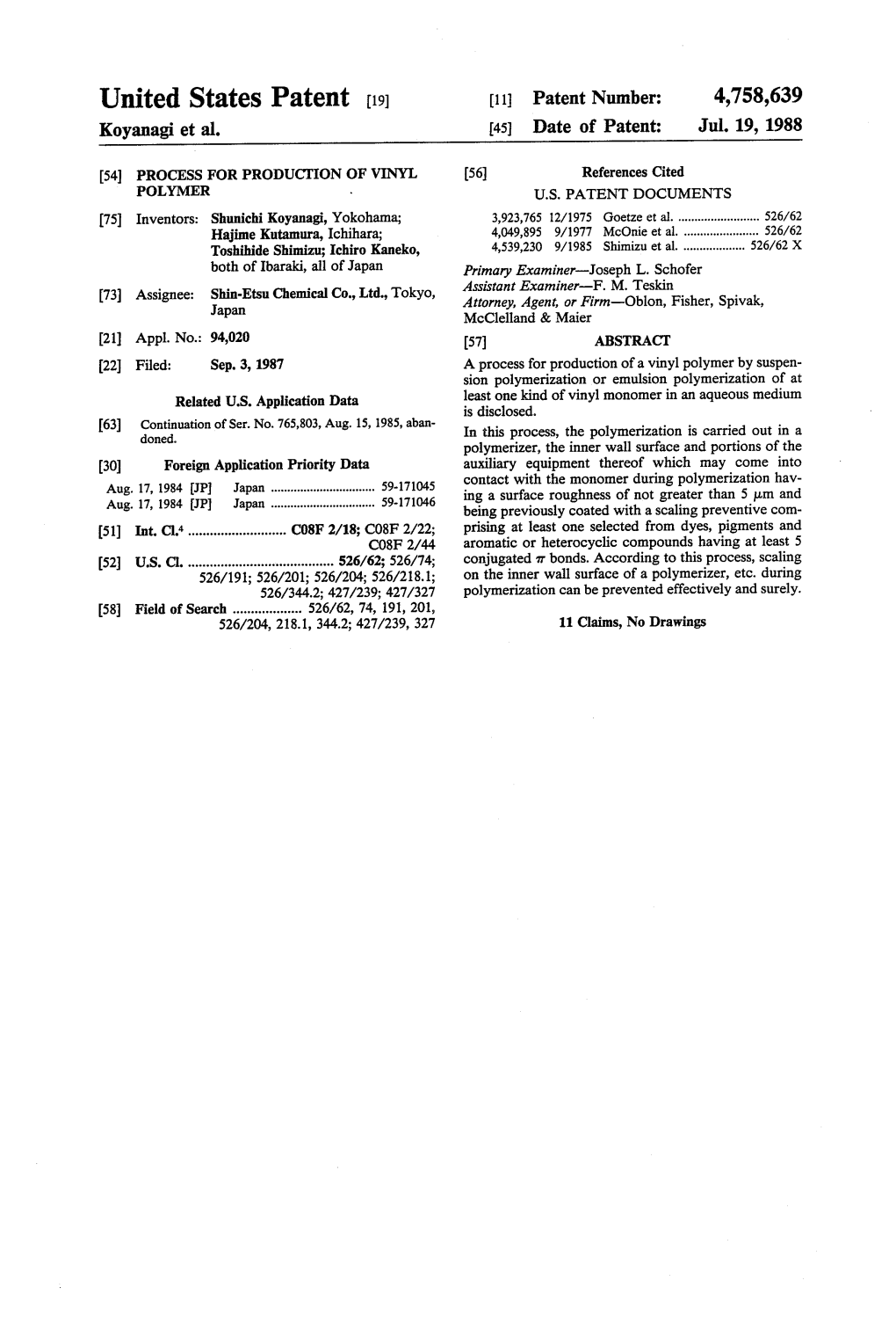 United States Patent [191 [11] Patent Number: 4,758,639 Koyanagi Et Al