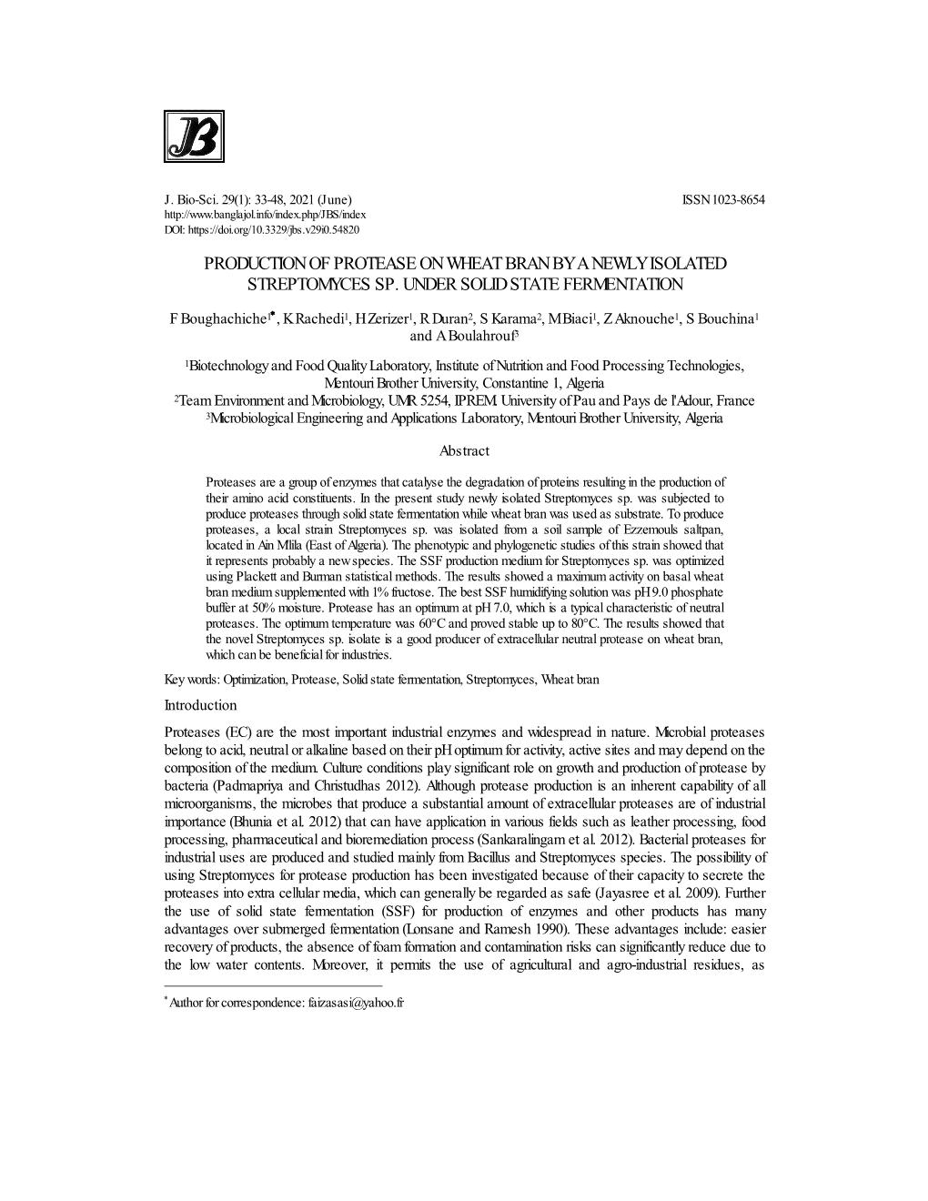 Production of Protease on Wheat Bran by a Newly Isolated Streptomyces Sp. Under Solid State Fermentation