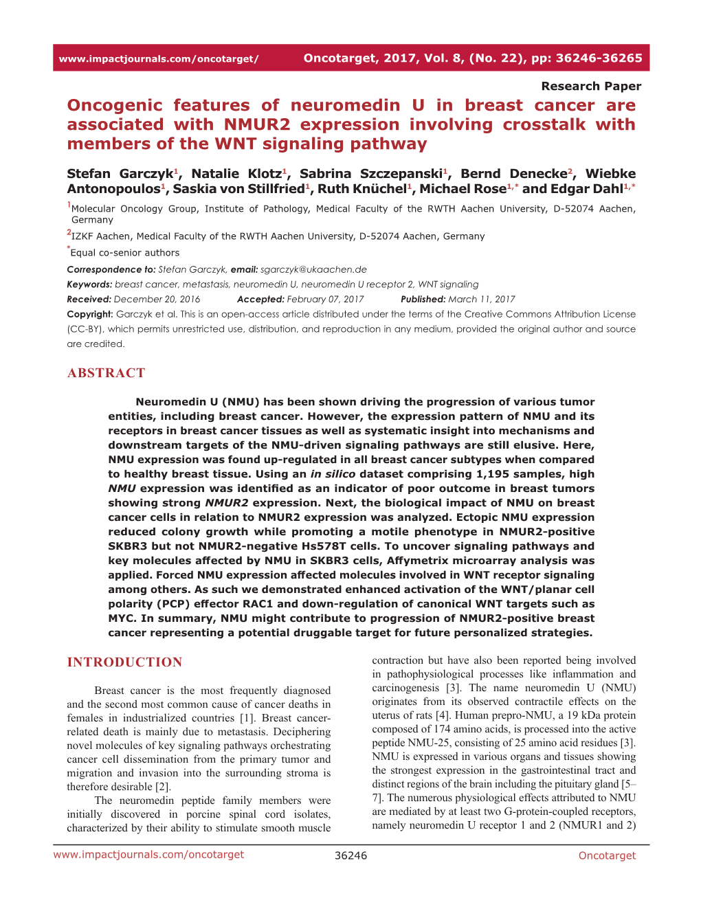 Oncogenic Features of Neuromedin U in Breast Cancer Are Associated with NMUR2 Expression Involving Crosstalk with Members of the WNT Signaling Pathway