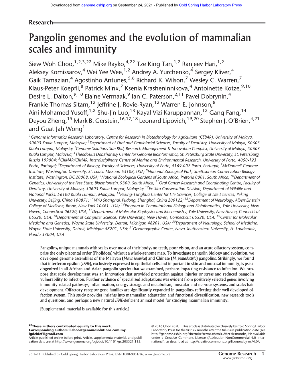 Pangolin Genomes and the Evolution of Mammalian Scales and Immunity