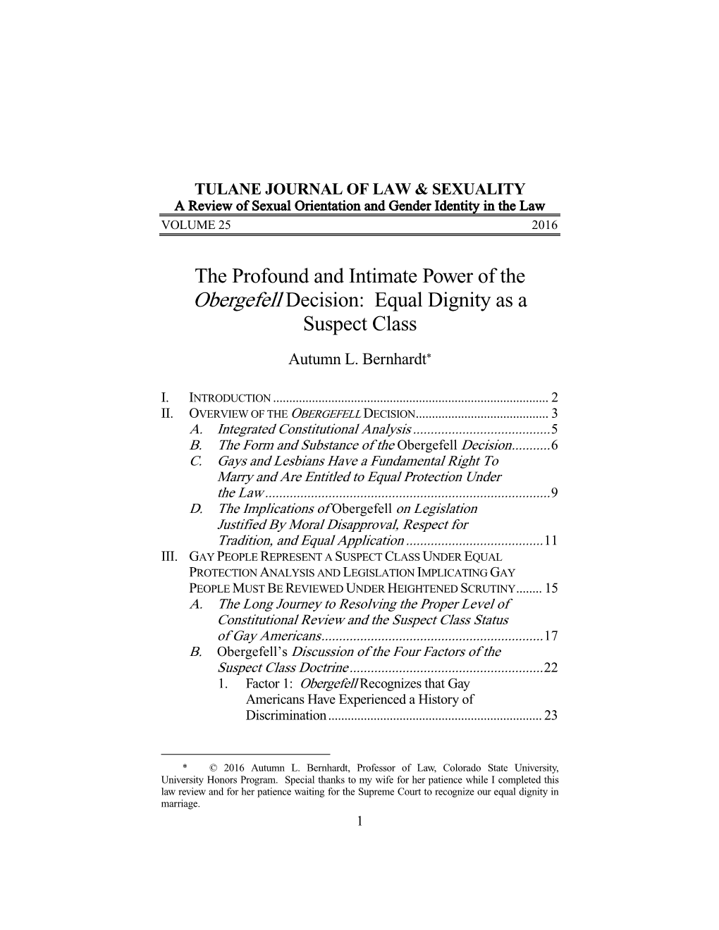 The Profound and Intimate Power of the Obergefell Decision: Equal Dignity As a Suspect Class