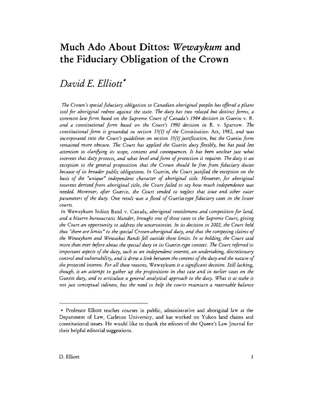 Much Ado About Dittos: Wewaykum and the Fiduciary Obligation of the Crown