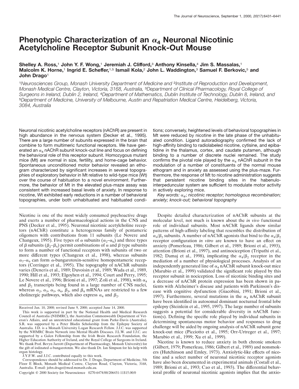 Phenotypic Characterization of an Α4 Neuronal Nicotinic Acetylcholine Receptor Subunit Knock-Out Mouse