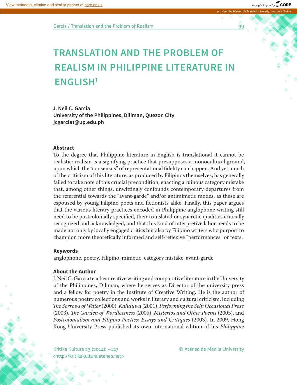 Translation and the Problem of Realism in Philippine Literature in English1