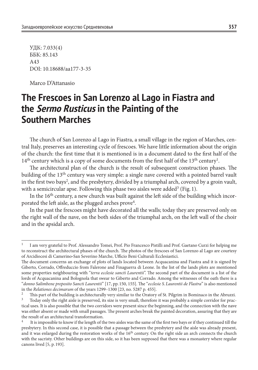 The Frescoes in San Lorenzo Al Lago in Fiastra and the Sermo Rusticus in the Painting of the Southern Marches