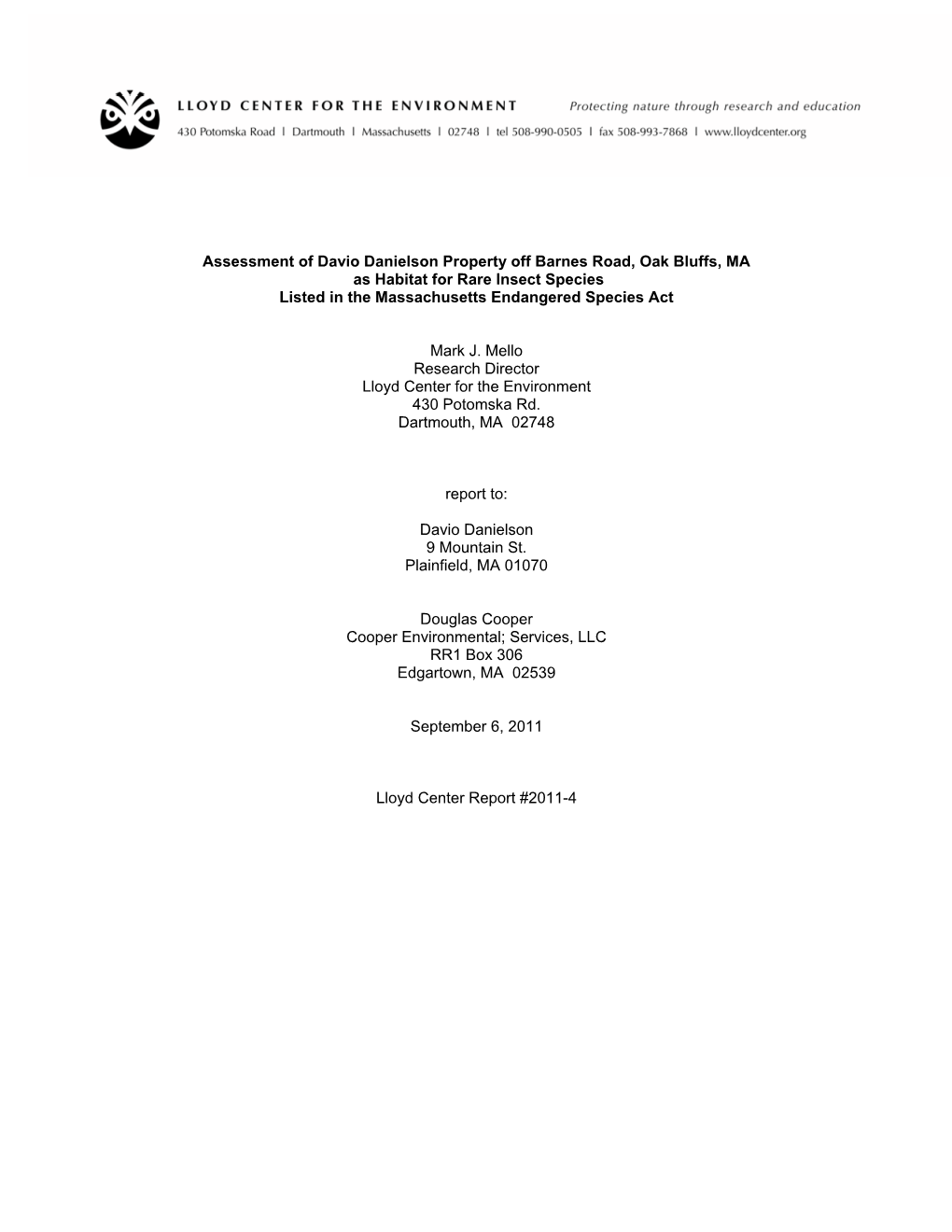 Assessment of Davio Danielson Property Off Barnes Road, Oak Bluffs, MA As Habitat for Rare Insect Species Listed in the Massachusetts Endangered Species Act