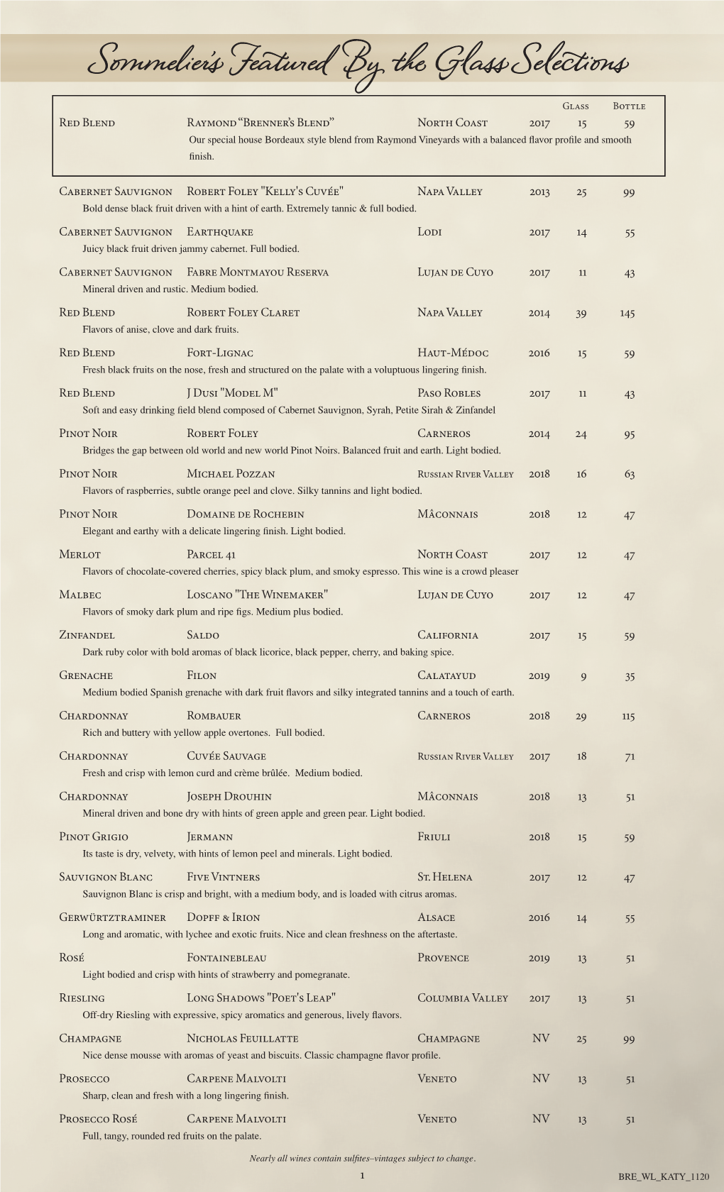 Sommelier's Featured by the Glass Selections
