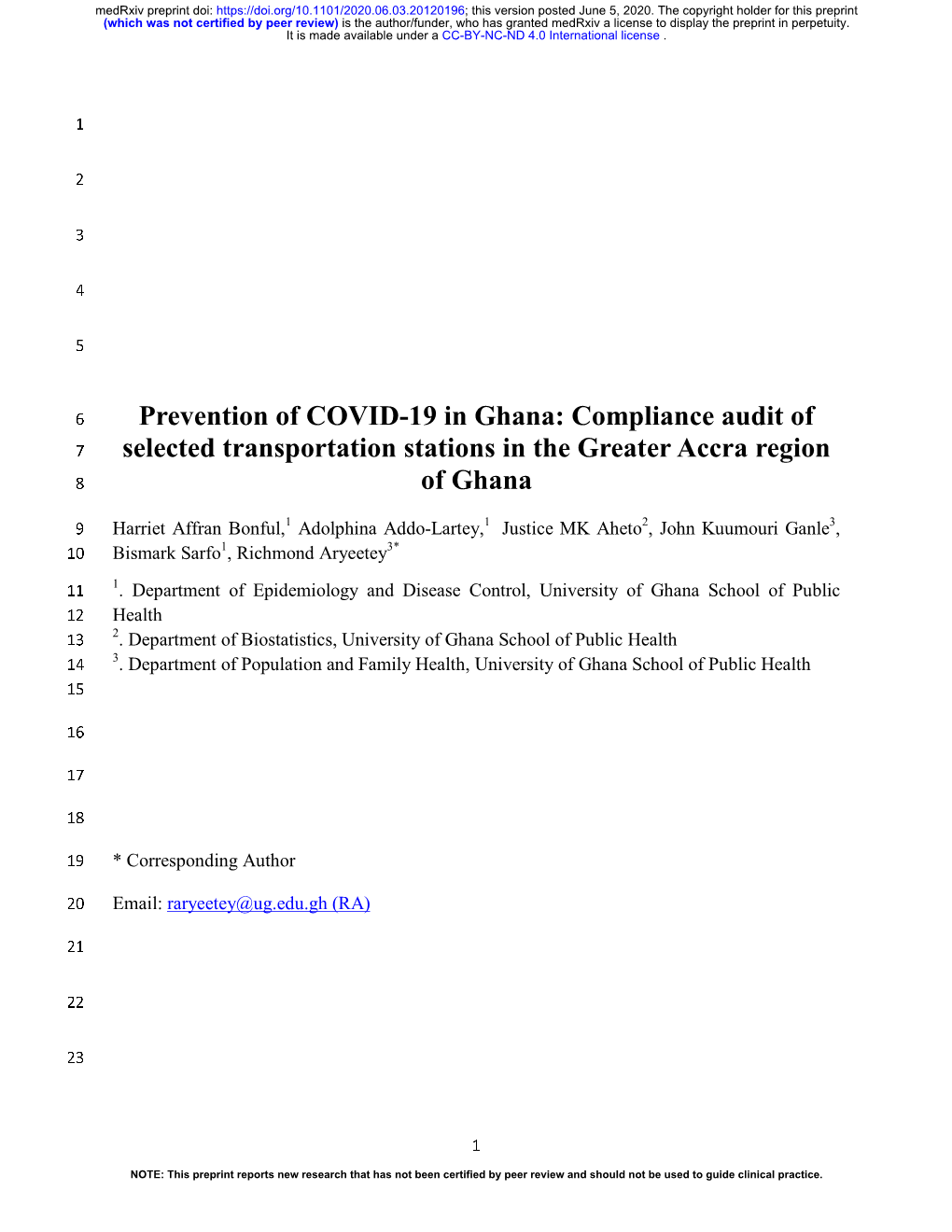Prevention of COVID-19 in Ghana: Compliance Audit of 7 Selected Transportation Stations in the Greater Accra Region 8 of Ghana