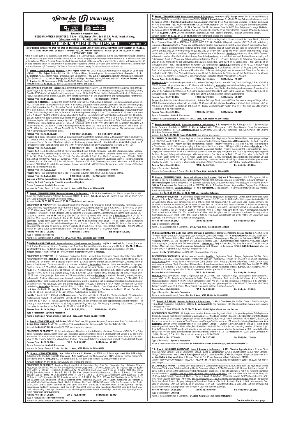 Sale Notice for Sale of Immovable Properties