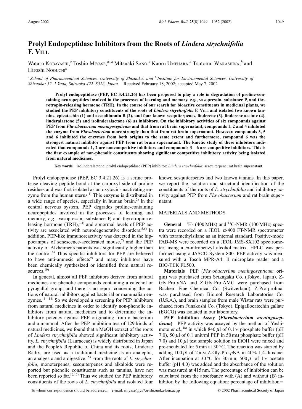 Prolyl Endopeptidase Inhibitors from the Roots of Lindera Strychnifolia F