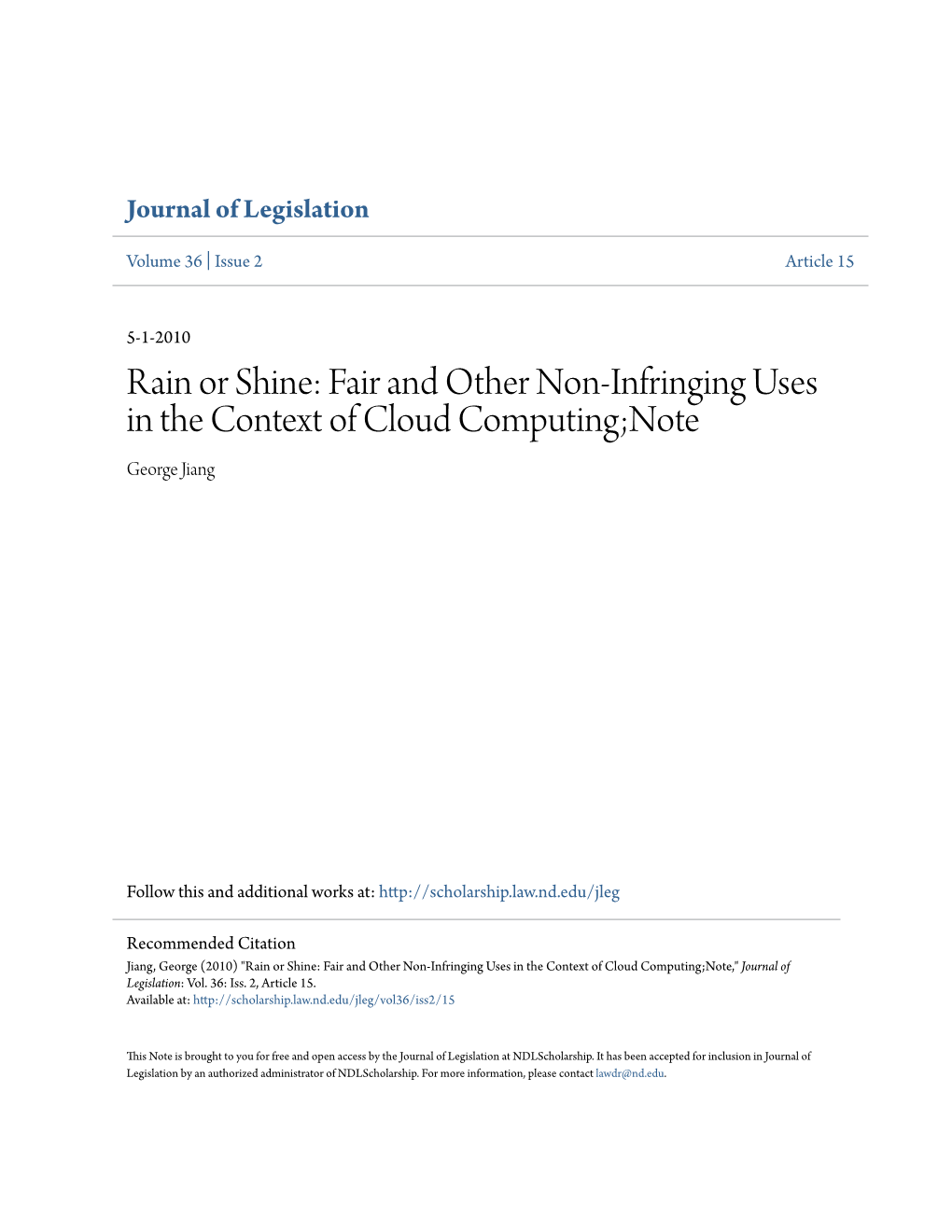 Fair and Other Non-Infringing Uses in the Context of Cloud Computing;Note George Jiang