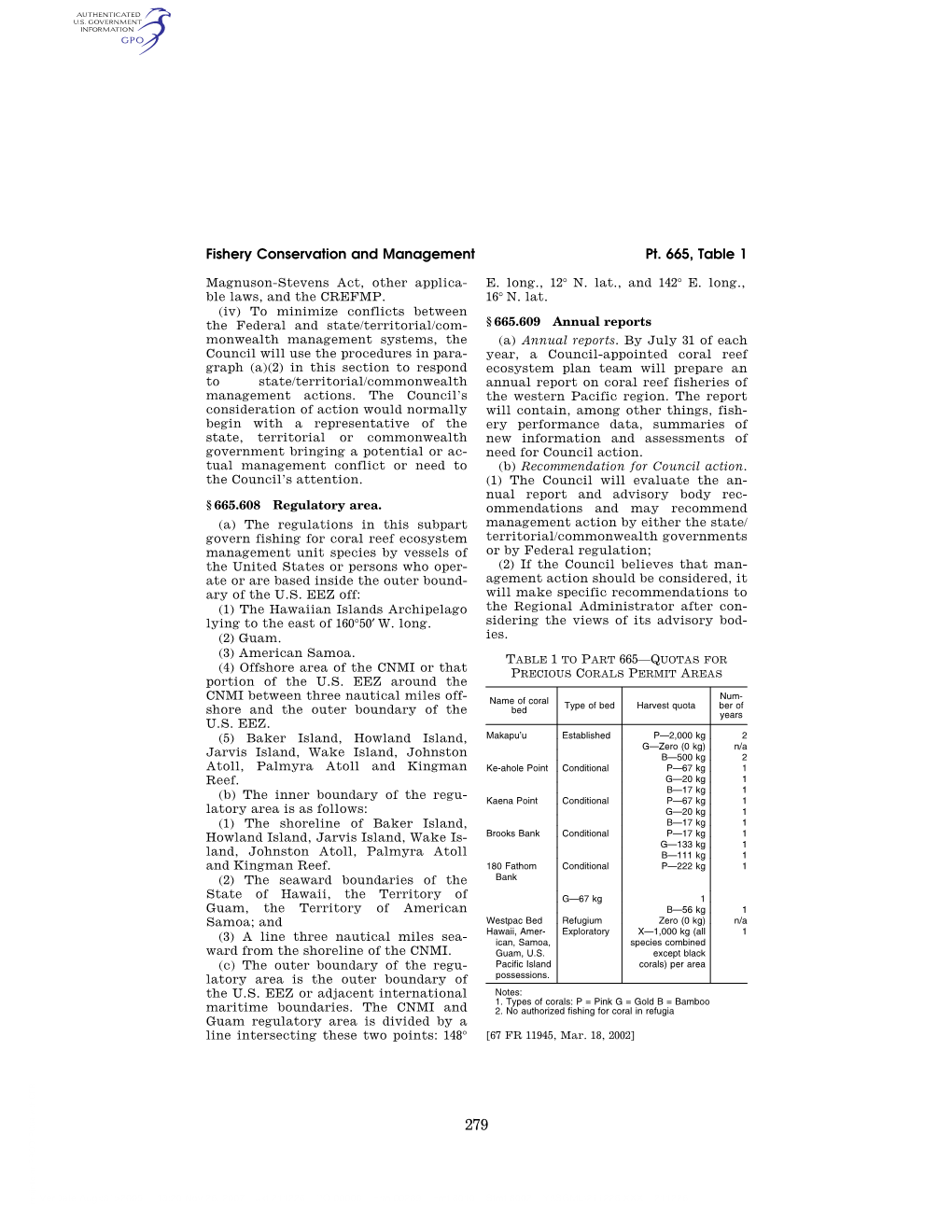 Fishery Conservation and Management Pt. 665, Table 1