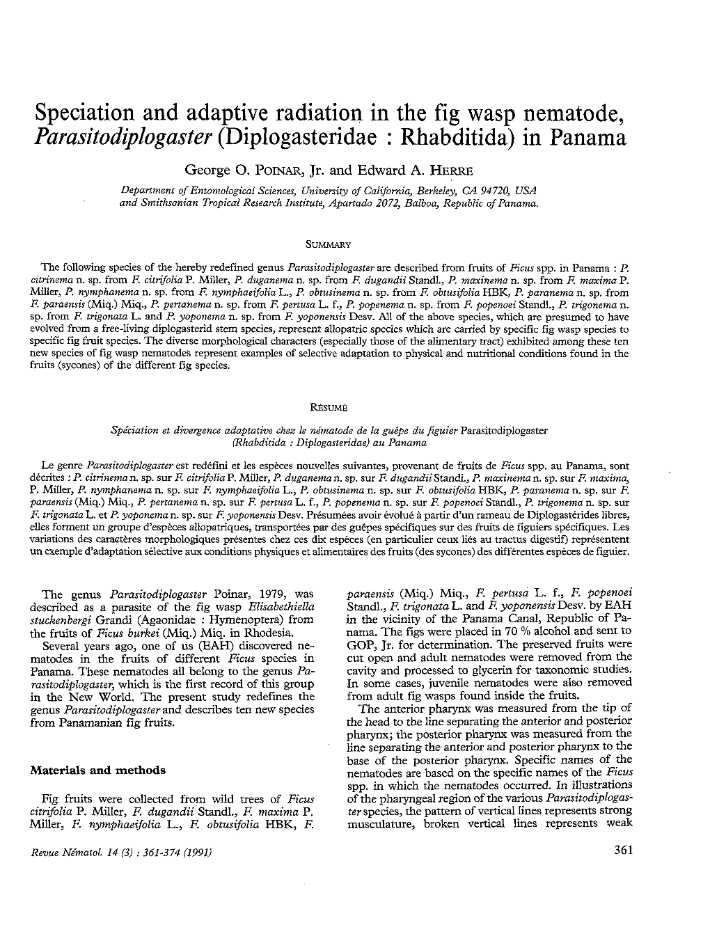 Speciation and Adaptive Radiation in the Fig Wasp Nematode, Parasitodiplagaster (Diplogasteridae : Rhabditida) in Panama George O