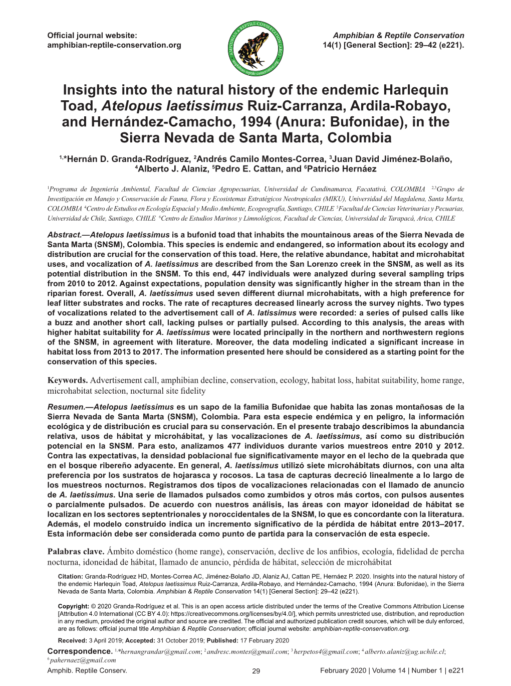 Insights Into the Natural History of the Endemic Harlequin Toad, Atelopus Laetissimus Ruiz-Carranza, Ardila-Robayo, and Hernánd