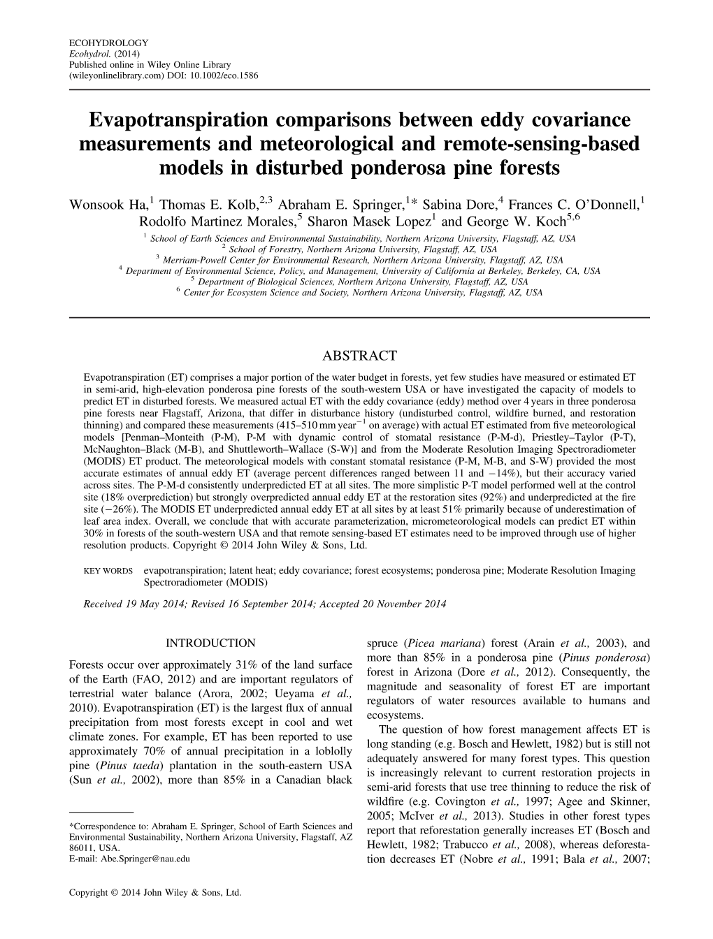 Evapotranspiration Comparisons Between Eddy Covariance Measurements and Meteorological and Remote-Sensing-Based Models in Disturbed Ponderosa Pine Forests