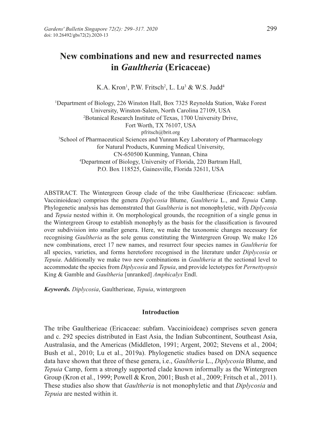 New Combinations and New and Resurrected Names in Gaultheria (Ericaceae)