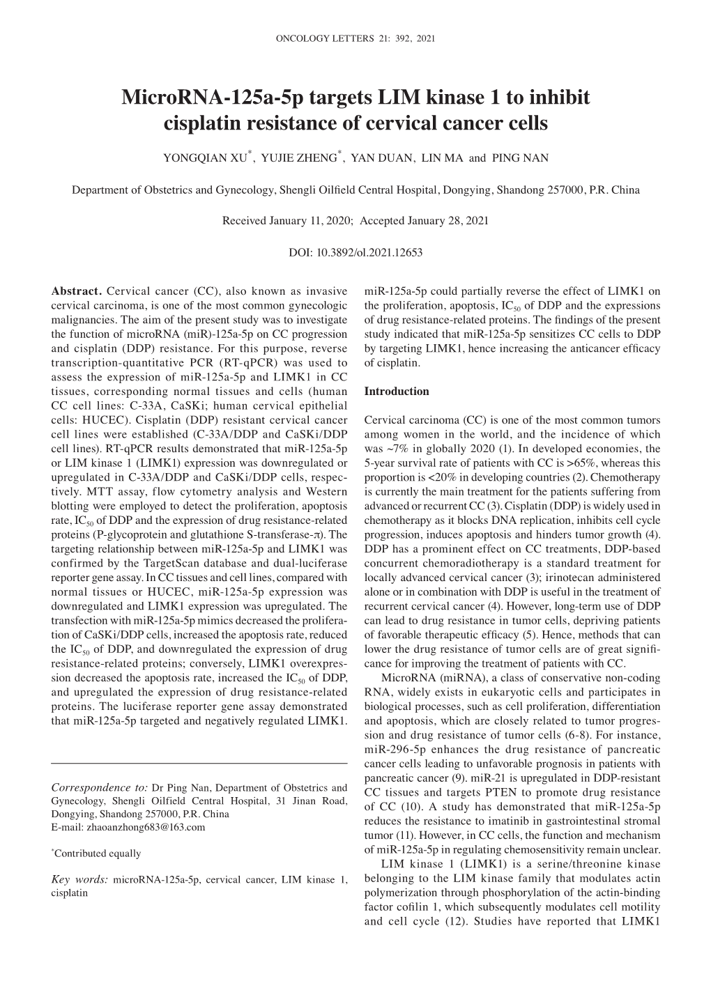 Microrna-125A-5P Targets LIM Kinase 1 to Inhibit Cisplatin Resistance of Cervical Cancer Cells