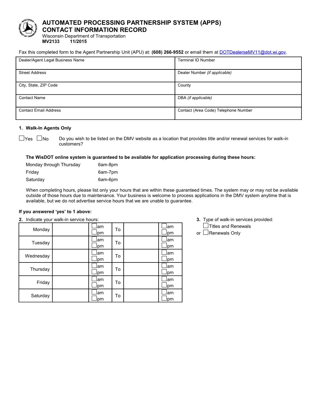 Mv2133 Automated Processing Partnership System (Apps) Contact Information Record